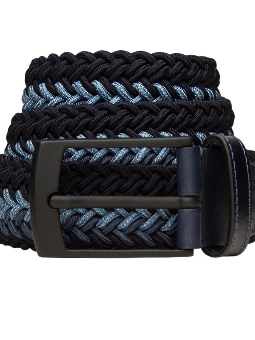 Bugatchi Braided Elastic Belt in Navy and Light Blue with Black Buckle